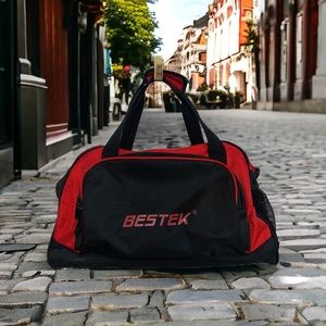 Bestek Sports Gym Bag. Pocket for Shoes. Red Black. Several Zipper Compartments